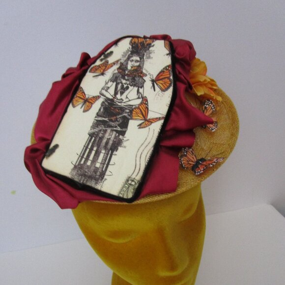 Monarch Butterfly Steampunk Woman Percher Whimsy Hat Wheat Straw Church Easter